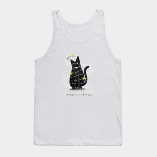 Cartoon black cat in New Year's garlands and the inscription "Merry Catmas". Tank Top